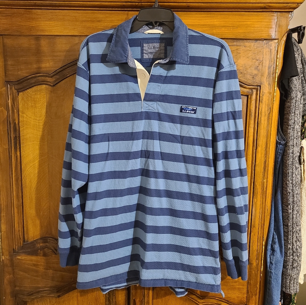 Vintage L L Bean Blue Striped Longsleeve Polo Size Large Tall